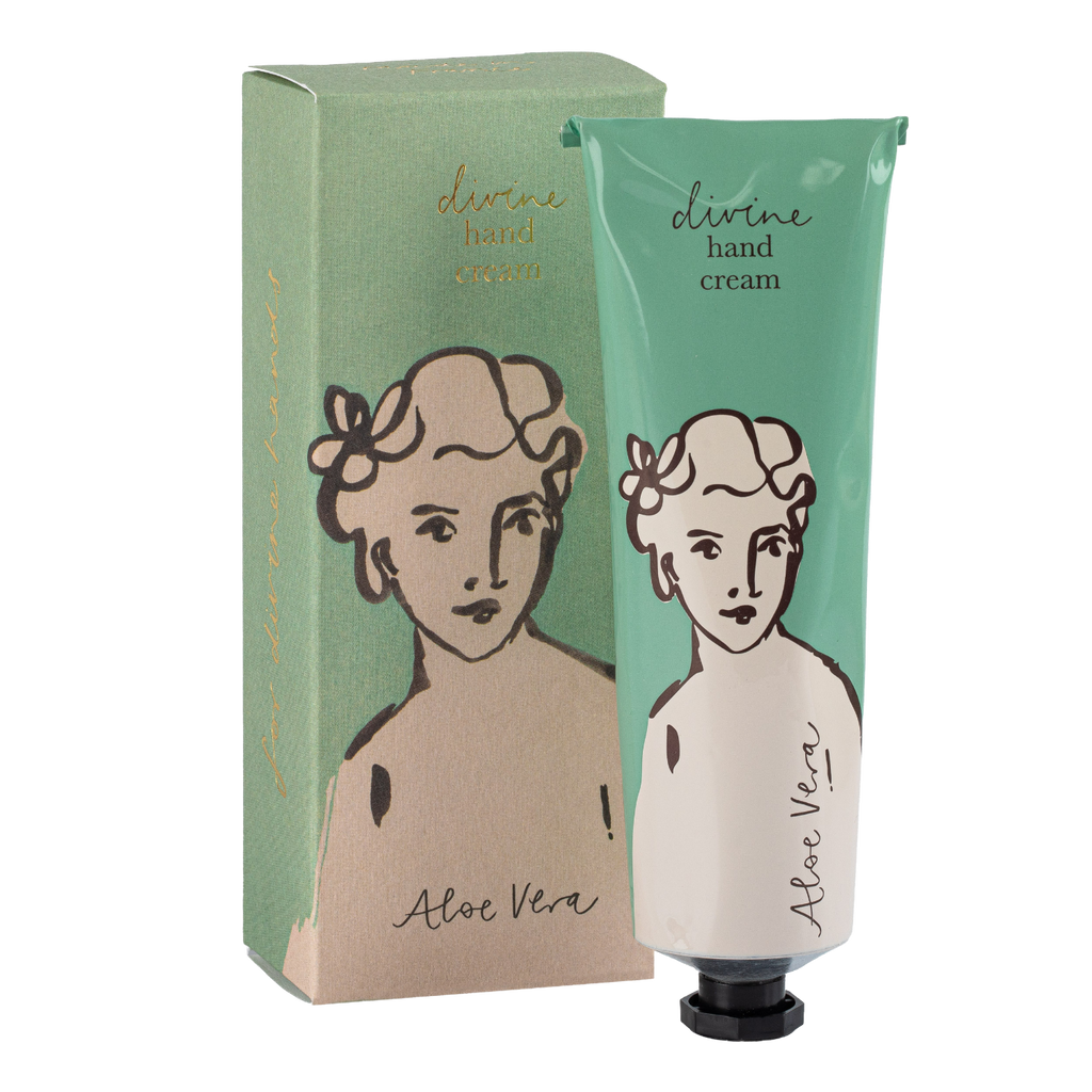 Divine hand cream with packaging featuring illustrations of a woman's face on a white background