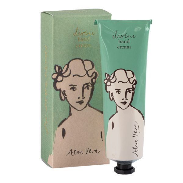 Divine hand cream with packaging featuring illustrations of a woman's face on a white background