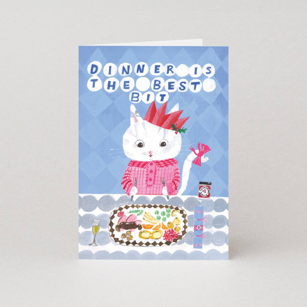 Greeting card with a cat illustration and text 'Dinner is the best bit' on a blue background