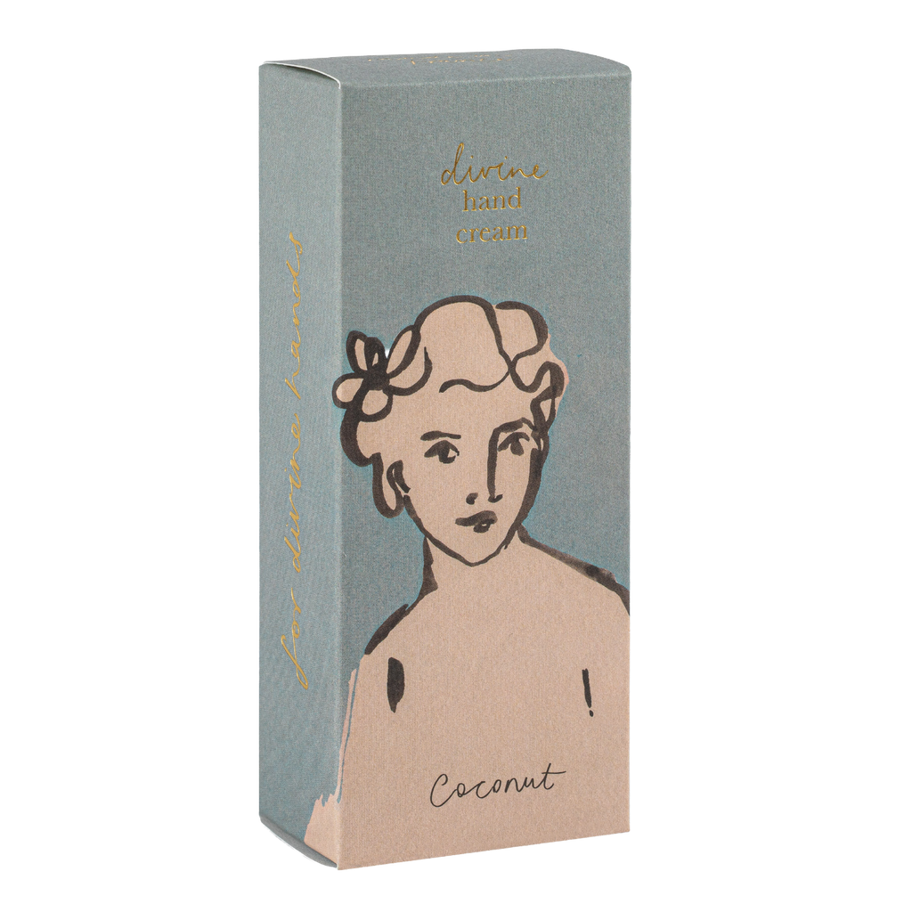 Product packaging with a stylized illustration of a woman's face on a light blue background