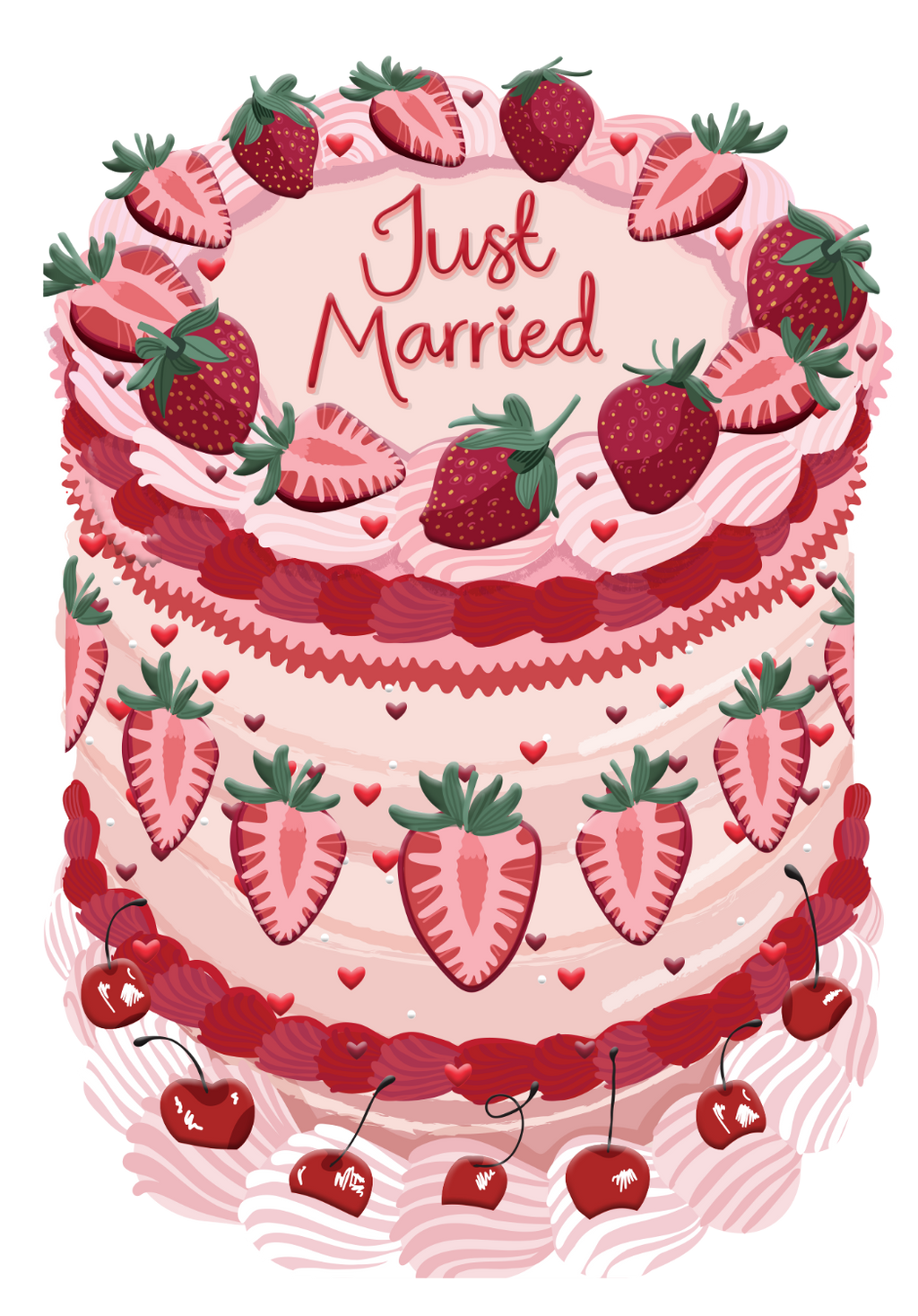 Decorative cake with strawberries and 'Just Married' text on a white background