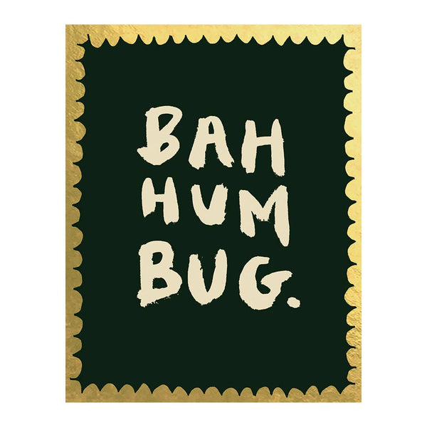Green card with 'Bah Hum Bug.' text and gold border