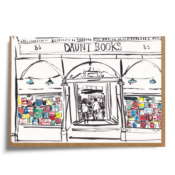 Illustration of Daunt Books store front with colorful bookshelves and people walking inside.