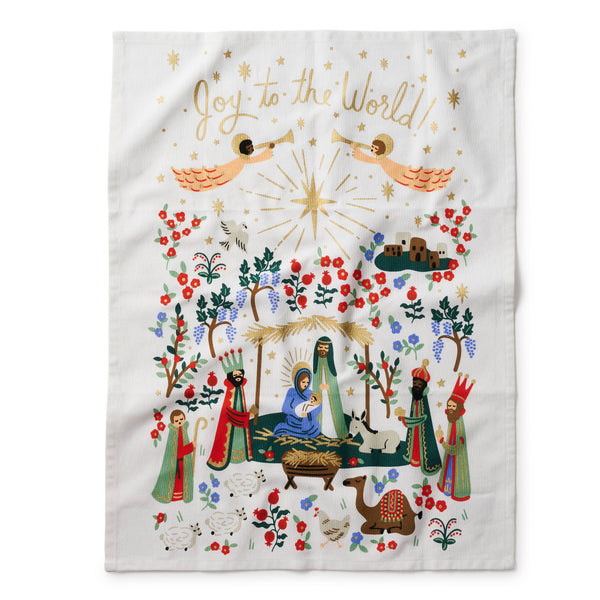 Decorative towel with nativity scene and 'Joy to the World!' text on a white background