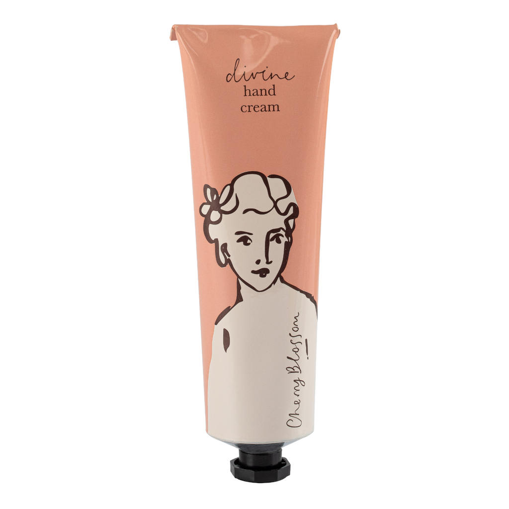 Hand cream tube labeled 'divine hand cream' with a design on a white background