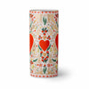 Decorative cylindrical container with heart and floral pattern on a white background