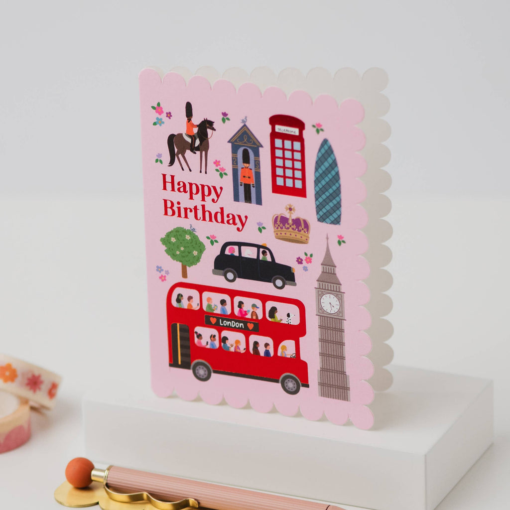 Birthday card with London-themed illustrations on a white background