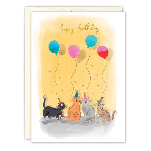 Birthday card with cats and balloons on a yellow background