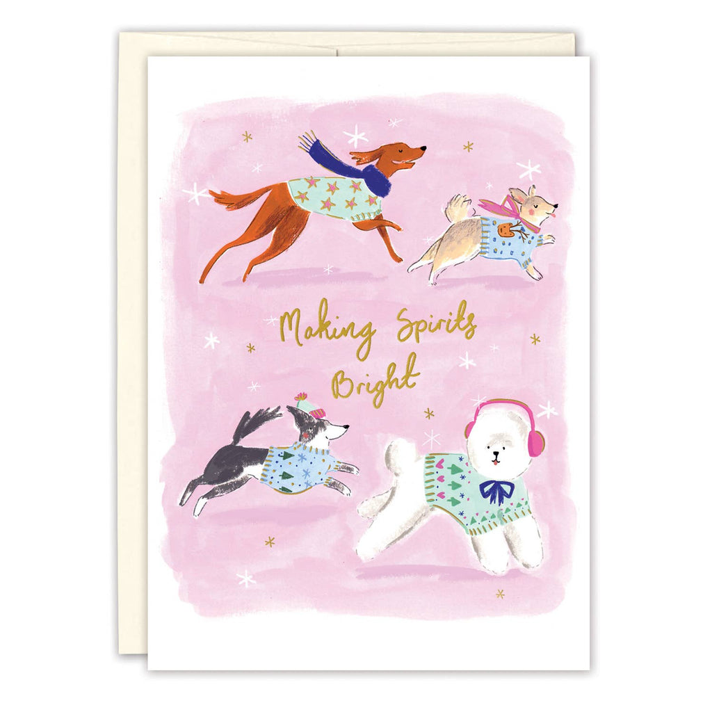 Card with illustrations of dogs wearing sweaters and the text 'Making Spirits Bright' on a pink background.