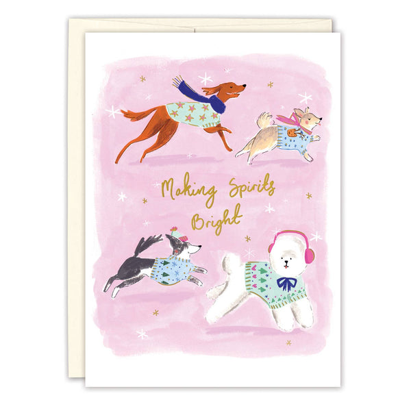 Card with illustrations of dogs wearing sweaters and the text 'Making Spirits Bright' on a pink background.