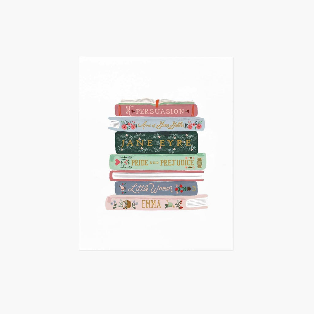 Stack of books with classic literature titles on a white background