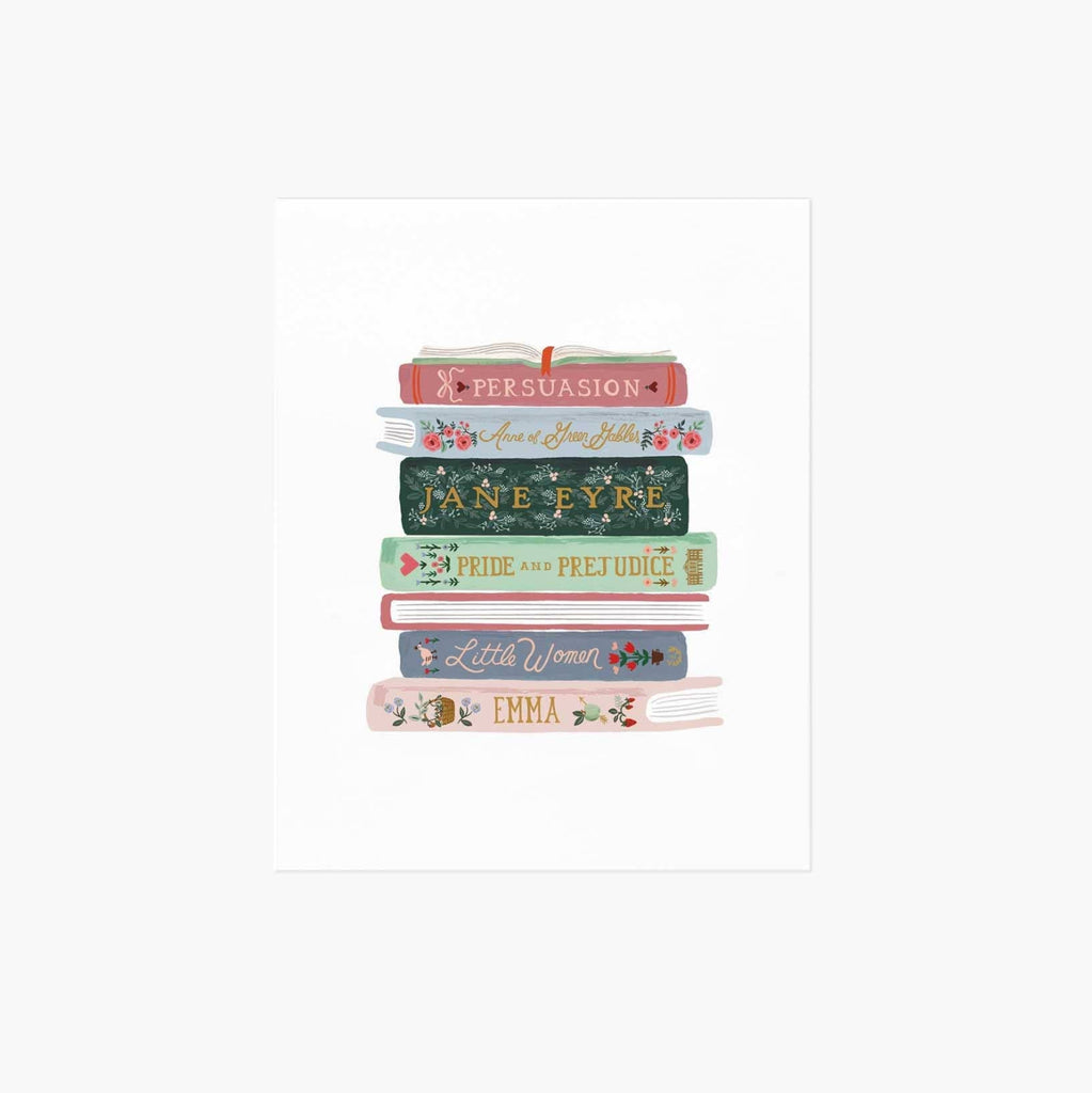 Stack of books with classic literature titles on a white background