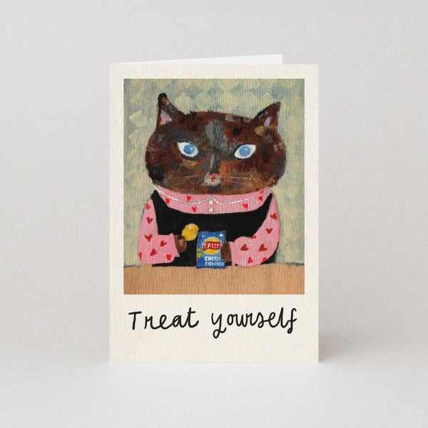 Card with a cat illustration and 'Treat yourself' text on a light gray background