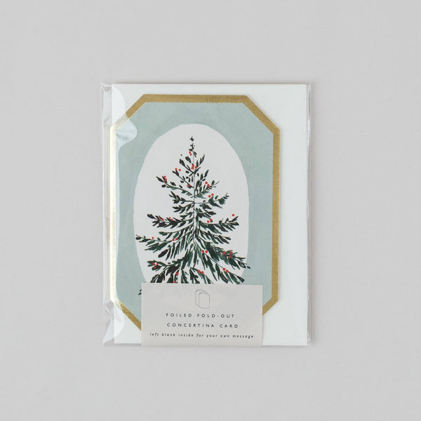 Greeting card with Christmas tree design on a light gray background