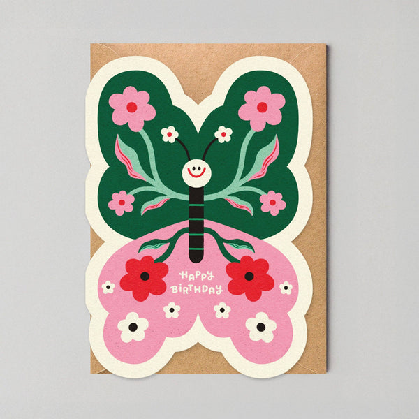 Butterfly-shaped card with floral design and 'Happy Birthday' text on a gray background