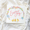 Card with 'Easter Joy' text and Easter-themed illustrations on a white fabric background