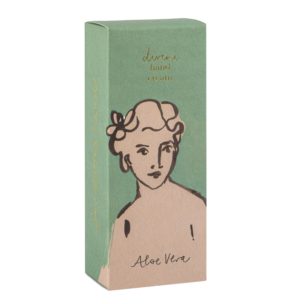 Box of divine hand cream with a woman's face illustration on a white background