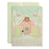 Christmas card with a festive house, wreaths, and snowman on a light green background