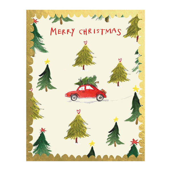 Christmas card with a red car carrying Christmas trees and 'Merry Christmas' text.