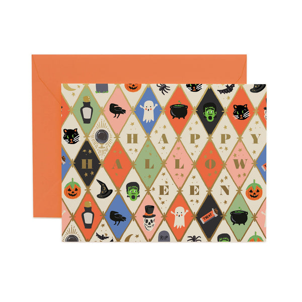 Halloween-themed card with geometric pattern and orange envelope