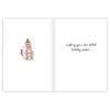 Greeting card with a cartoon dog wearing a Santa hat and scarf, and text 'Wishing you a fun-filled holiday season' on a white background.