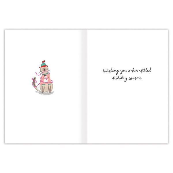 Greeting card with a cartoon dog wearing a Santa hat and scarf, and text 'Wishing you a fun-filled holiday season' on a white background.