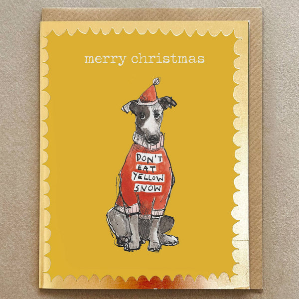 Christmas card with a dog wearing a sweater and Santa hat on a yellow background