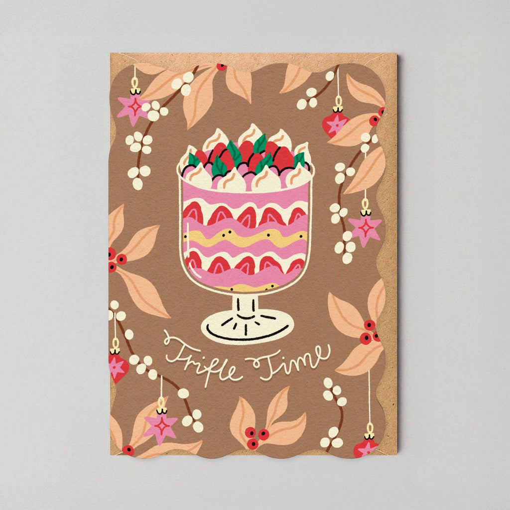 Card with a trifle illustration and 'Trifle Time' text on a brown background
