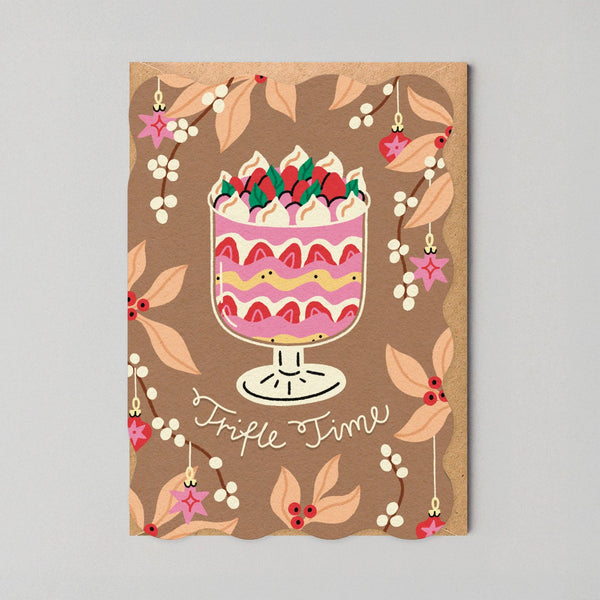 Card with a trifle illustration and 'Trifle Time' text on a brown background