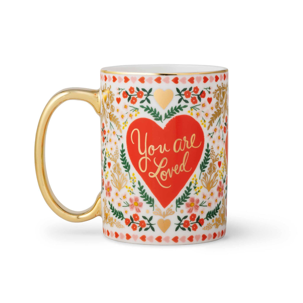 Mug with 'You are Loved' heart design on a white background