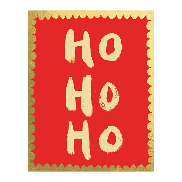 Red card with gold 'HO HO HO' text on a white background