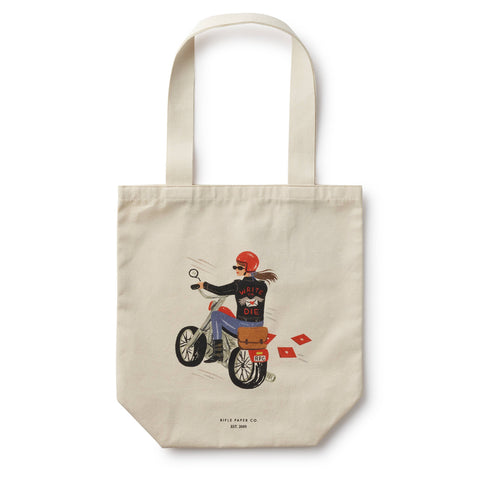 Beige tote bag with a graphic of a person on a bike and red hat on a white background