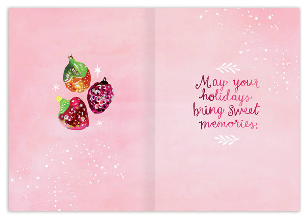 Greeting card with colorful strawberry illustrations and text on a pink background