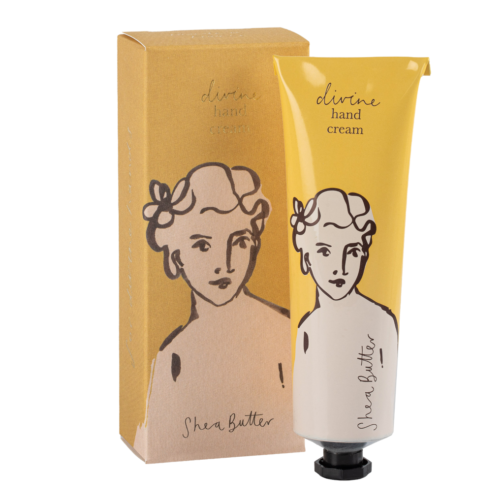 Divine hand cream with packaging featuring illustrations of a woman's face.