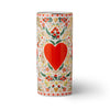 Decorative cylindrical container with a red heart and floral patterns on a white background