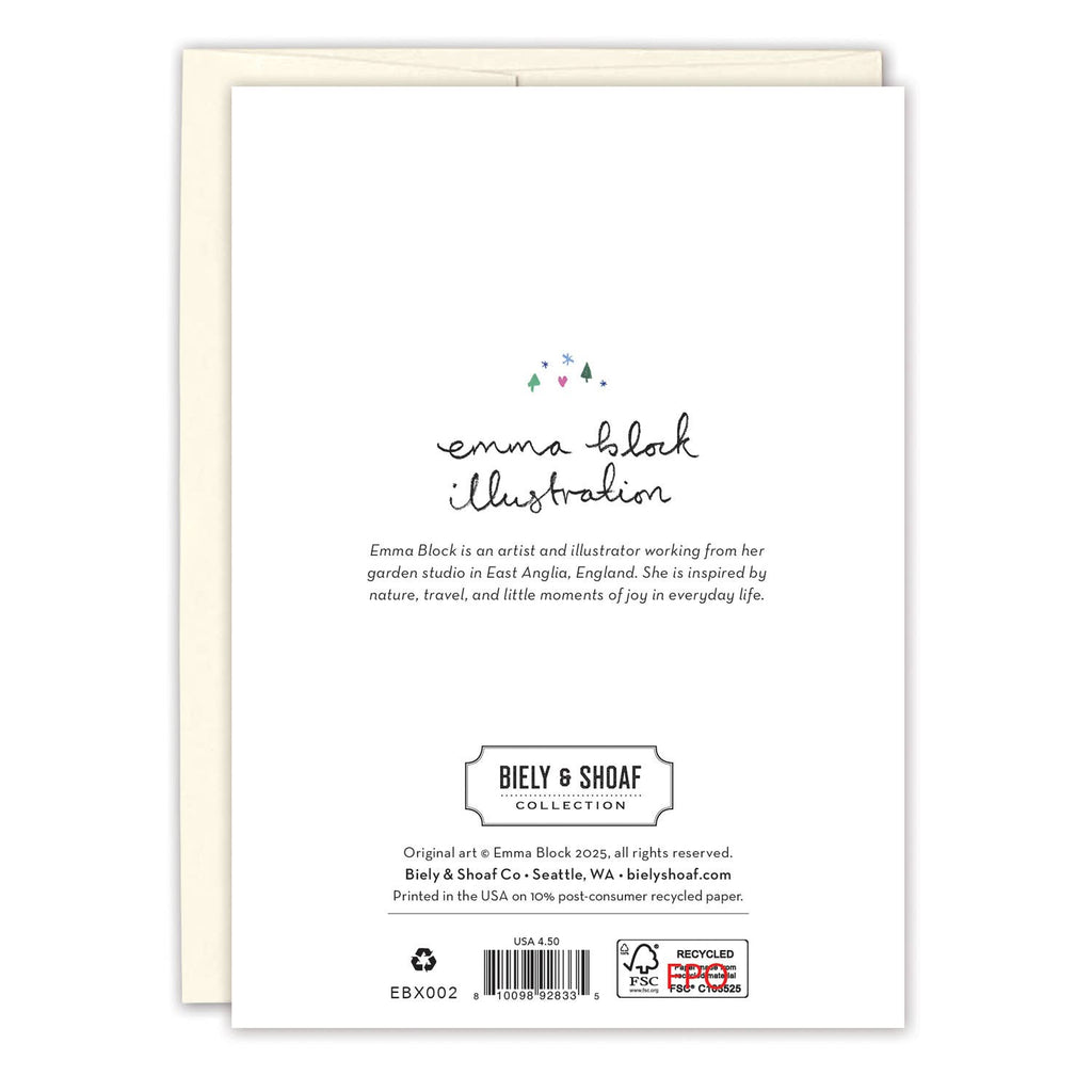 Back of a card with 'Emma Block Illustration' text and branding information.