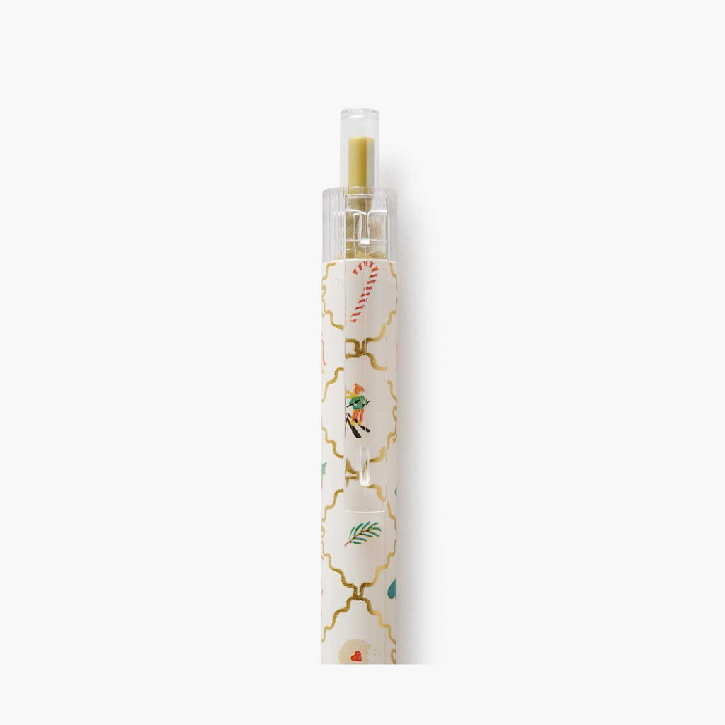 Decorative pen with a white and gold design on a white background