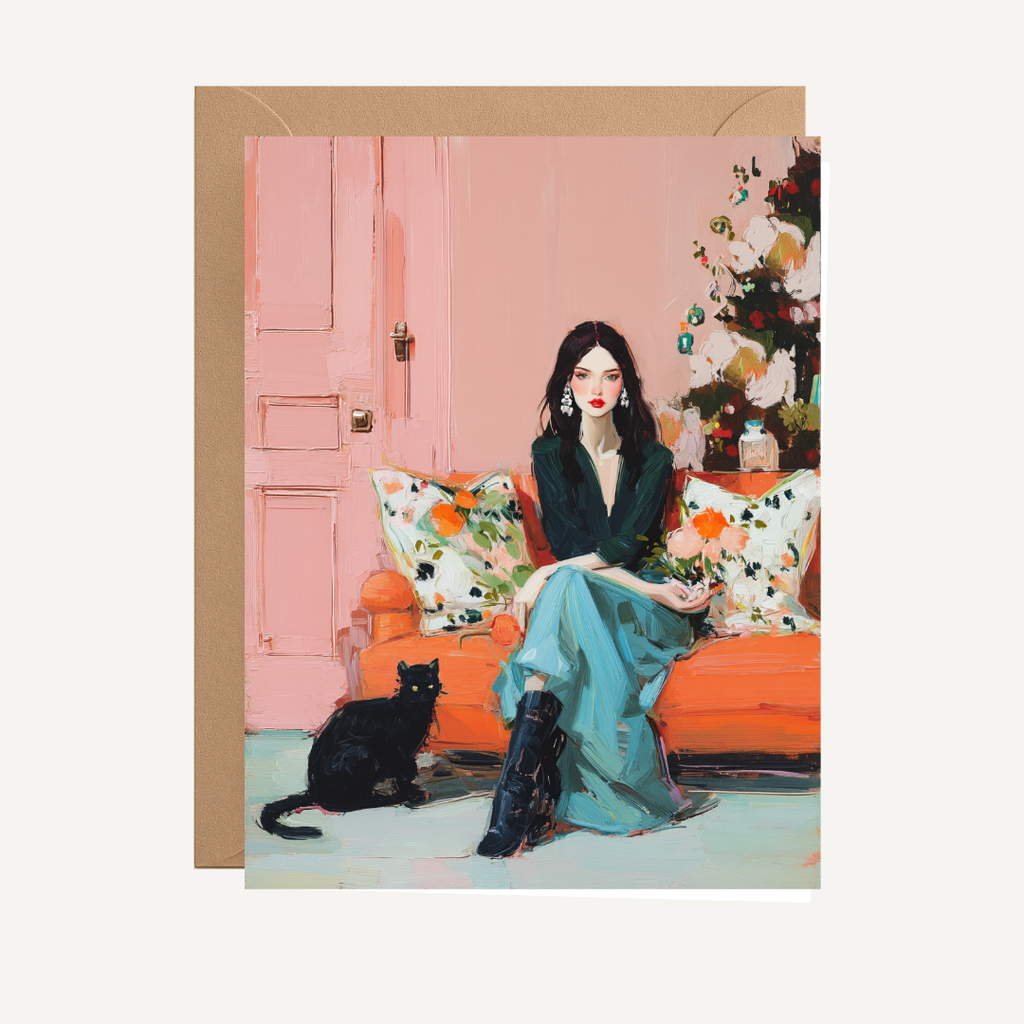 Atelier 44 - Festive Fashion Lady & Black Cat Holiday Greeting Card