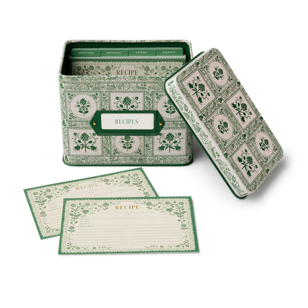 Green recipe box with matching cards on a white background