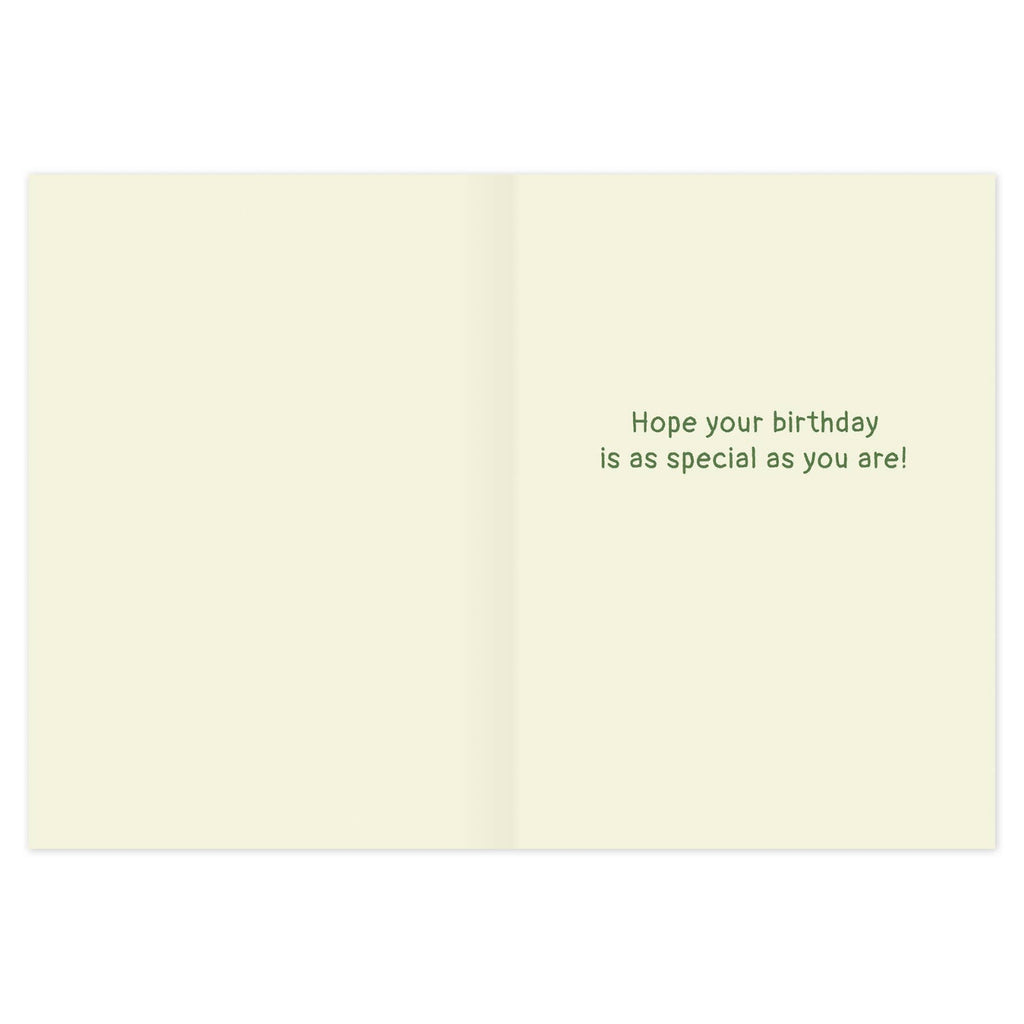 An open cream-colored greeting card with green text on the right side that reads, 'Hope your birthday is as special as you are!' on a white background.