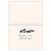 Greeting card with a family of skunks illustration and 'Congrats to the whole family!' text on a white background.
