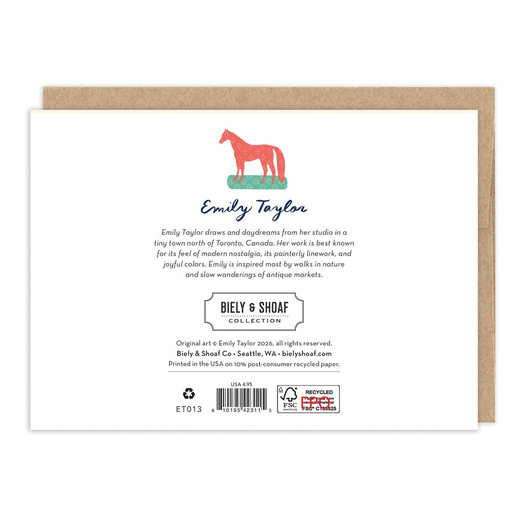 Back of a greeting card with horse illustration and branding information.