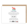 Back of a greeting card with horse illustration and branding information.