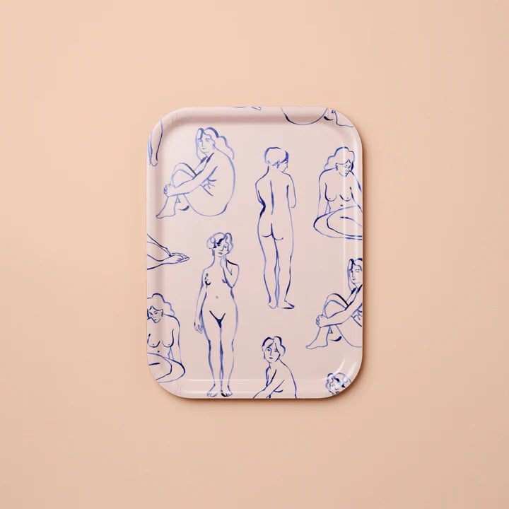 Rectangular tray with blue line drawings of nude figures on a beige background