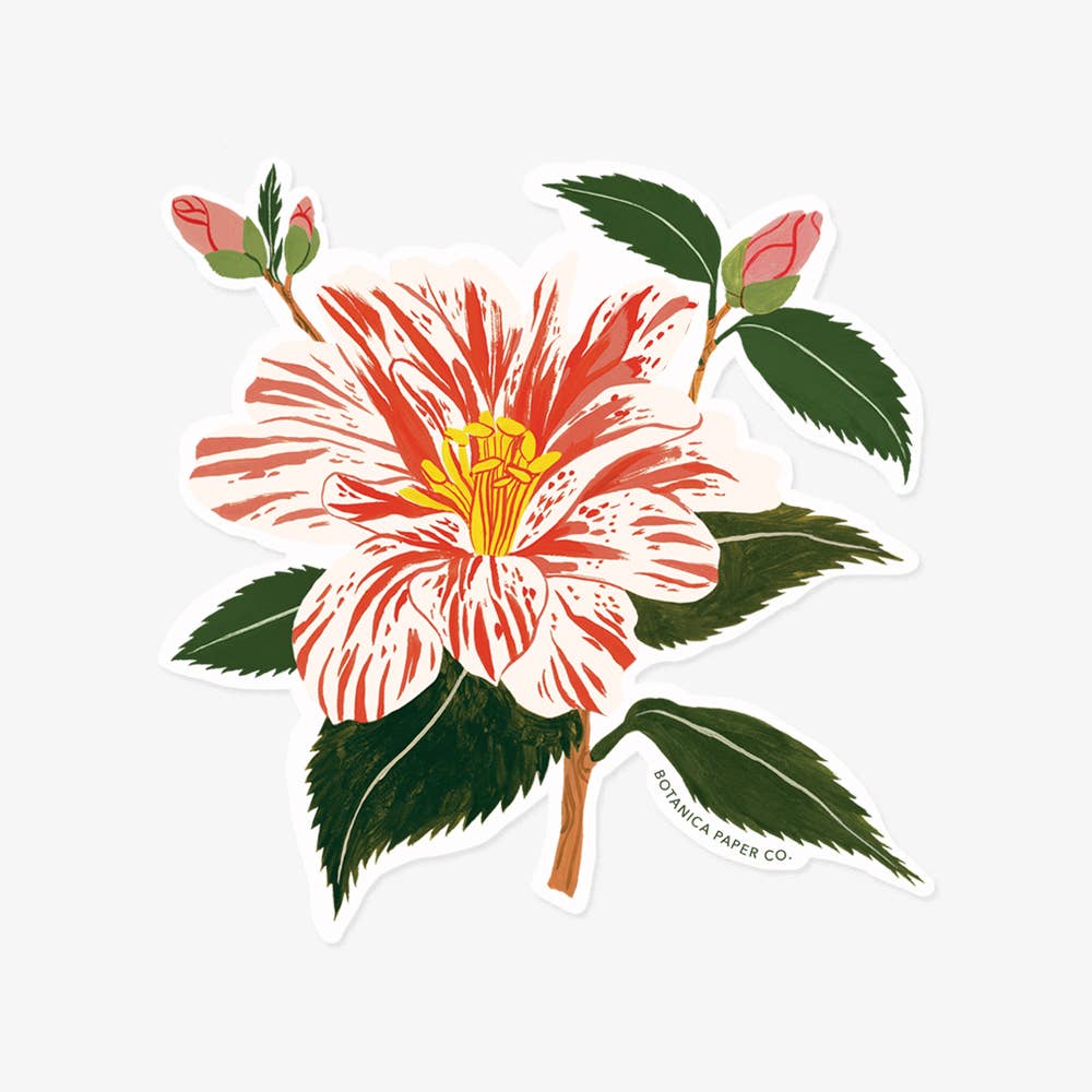 Stylized illustration of a red and white flower with green leaves on a white background