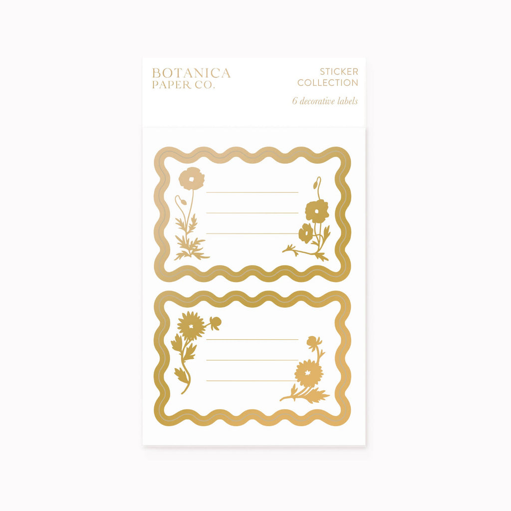 Decorative stickers with floral designs on a white background, featuring Botanica Paper Co. branding.