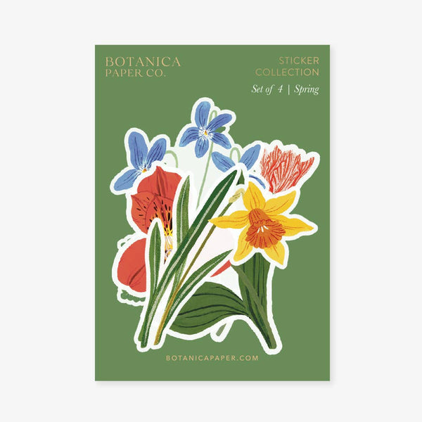 Floral sticker set on a green card with Botanica Paper Co. branding
