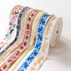 A set of decorative ribbon spools with colorful floral and fruit patterns, including strawberries, blue flowers, and gold foil lettering, arranged on a clean white background.