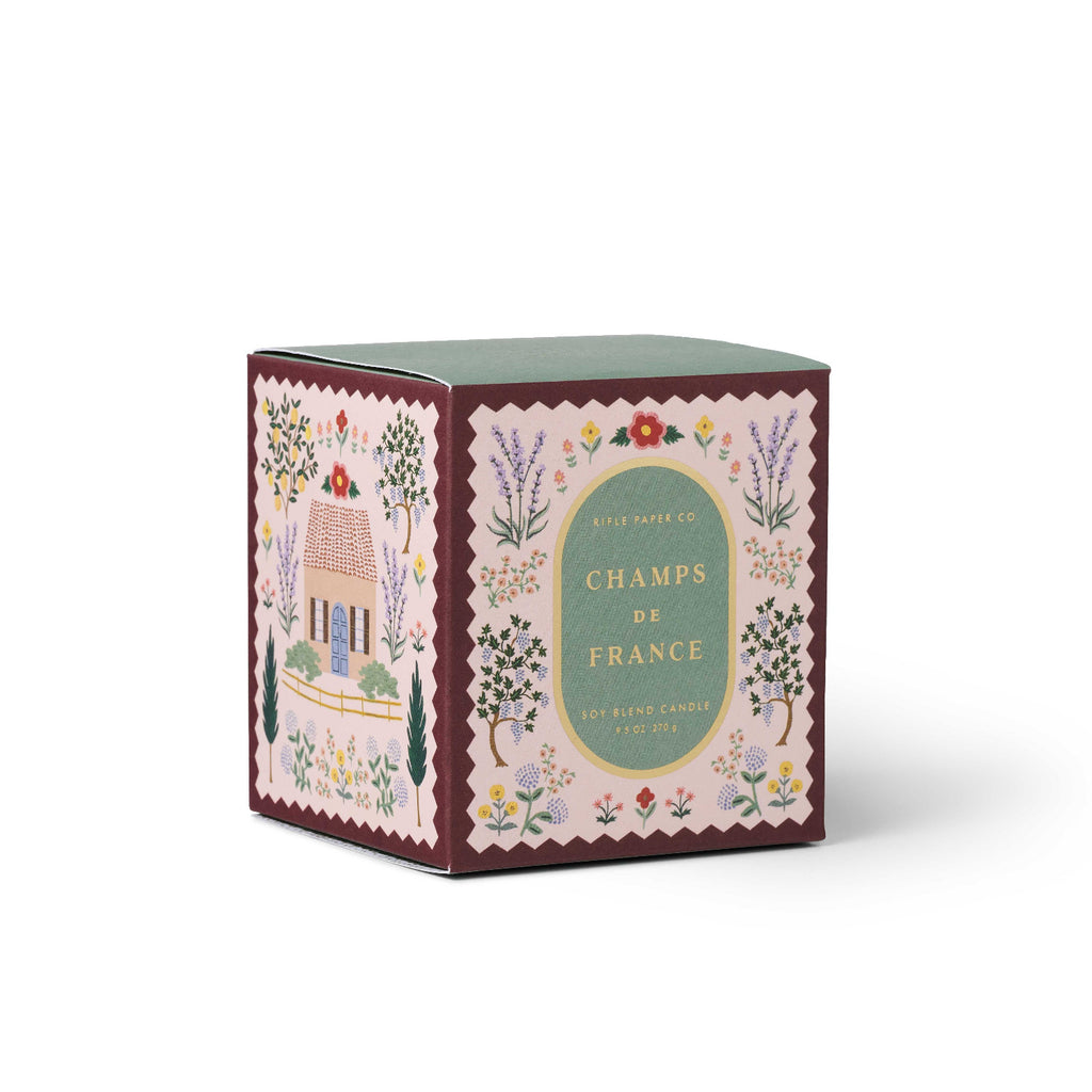 Decorative box with 'Champs de France' text and floral designs on a white background