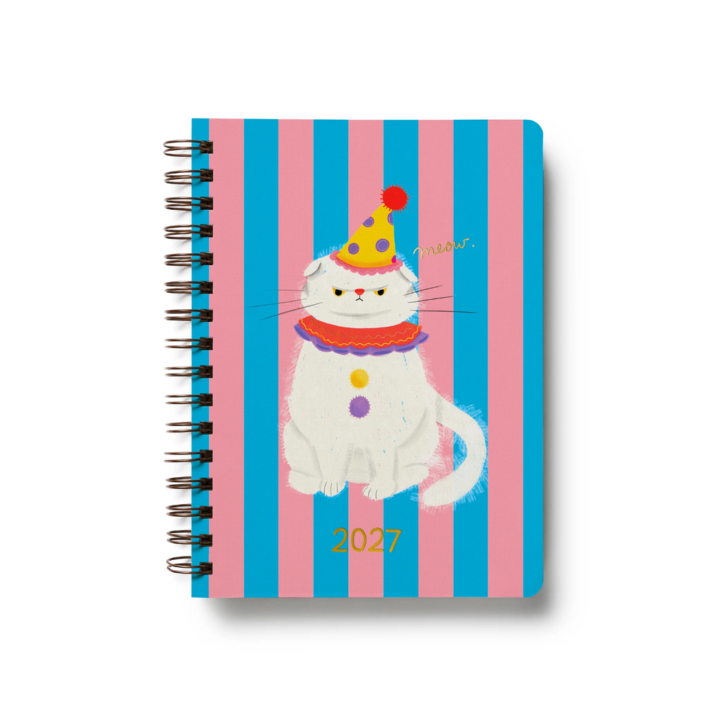 Notebook with a cat illustration and 2027 on a striped background